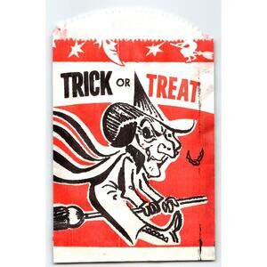 Halloween Vintage Trick Or Treat Goodie Bag Creepy Witch On Broom Unused Oldie
